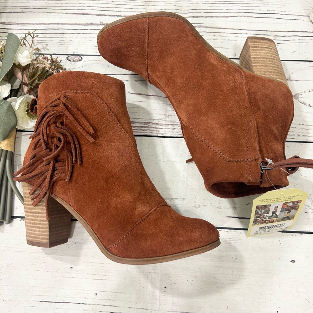 toms lunata western boho cognac fringe ankle suede booties nwt - Picture 6 of 9